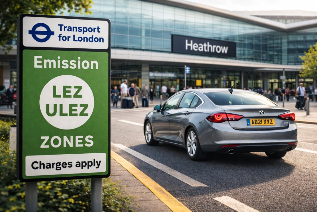 "Car driving past ULEZ signs towards a secure parking facility outside the zone at Heathrow"