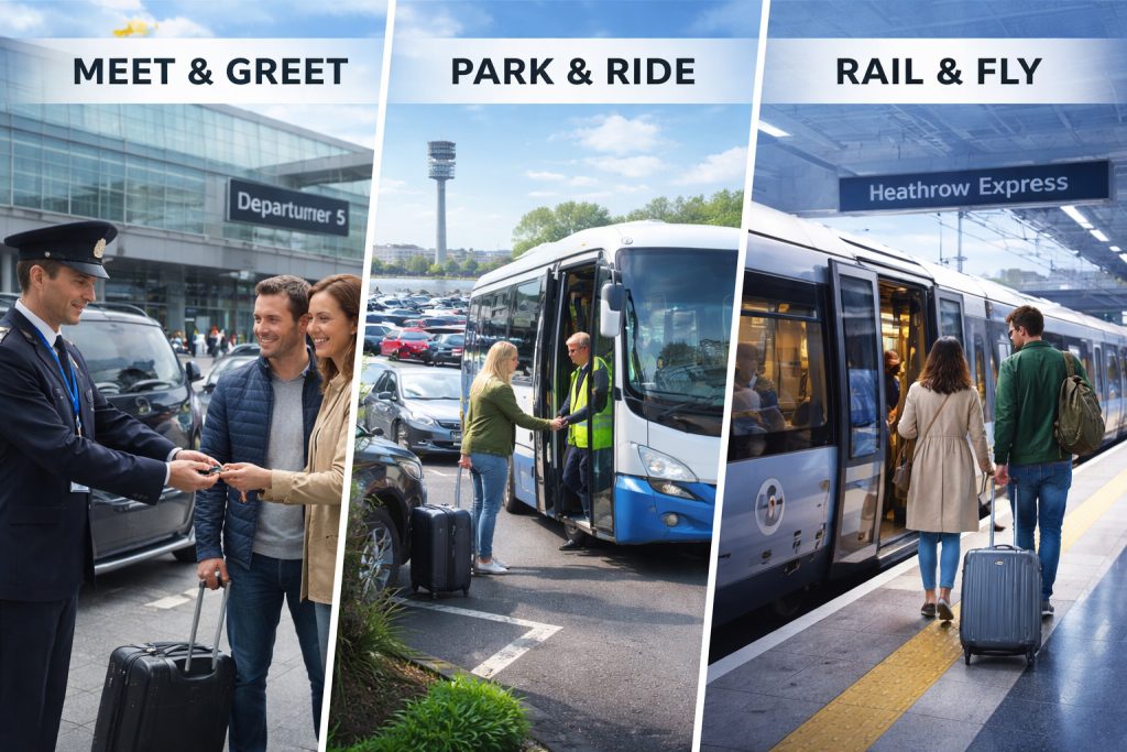 Comparison of Heathrow parking options including Rail & Fly, shuttle bus, and meet and greet services.