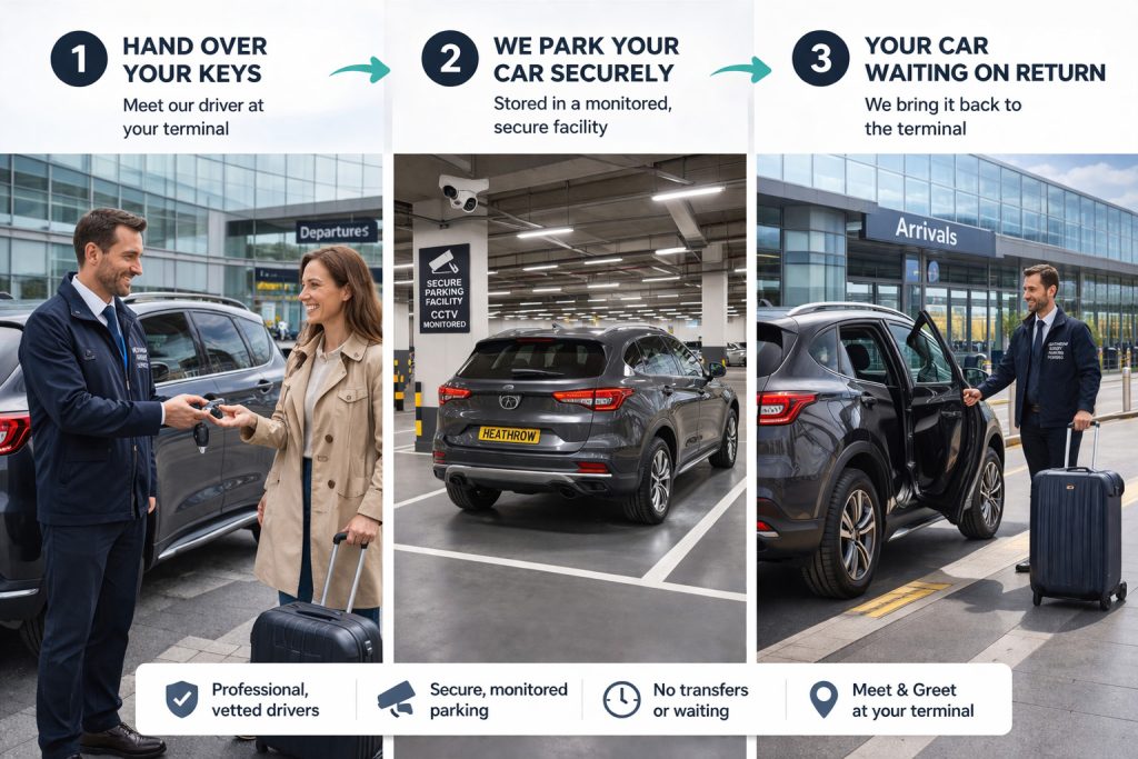 Step-by-step visual of a driver collecting a car for meet and greet parking at Heathrow Airport.